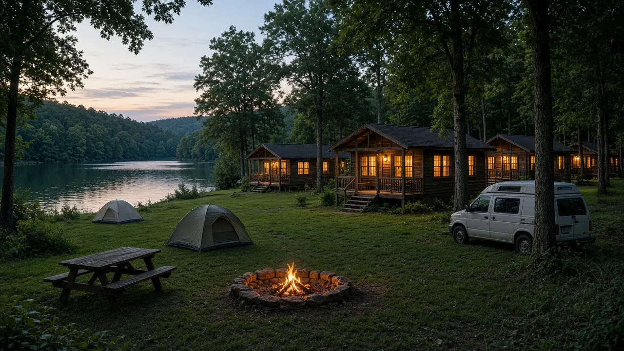 Placeholder: cabins and campsites beside a lake at dusk