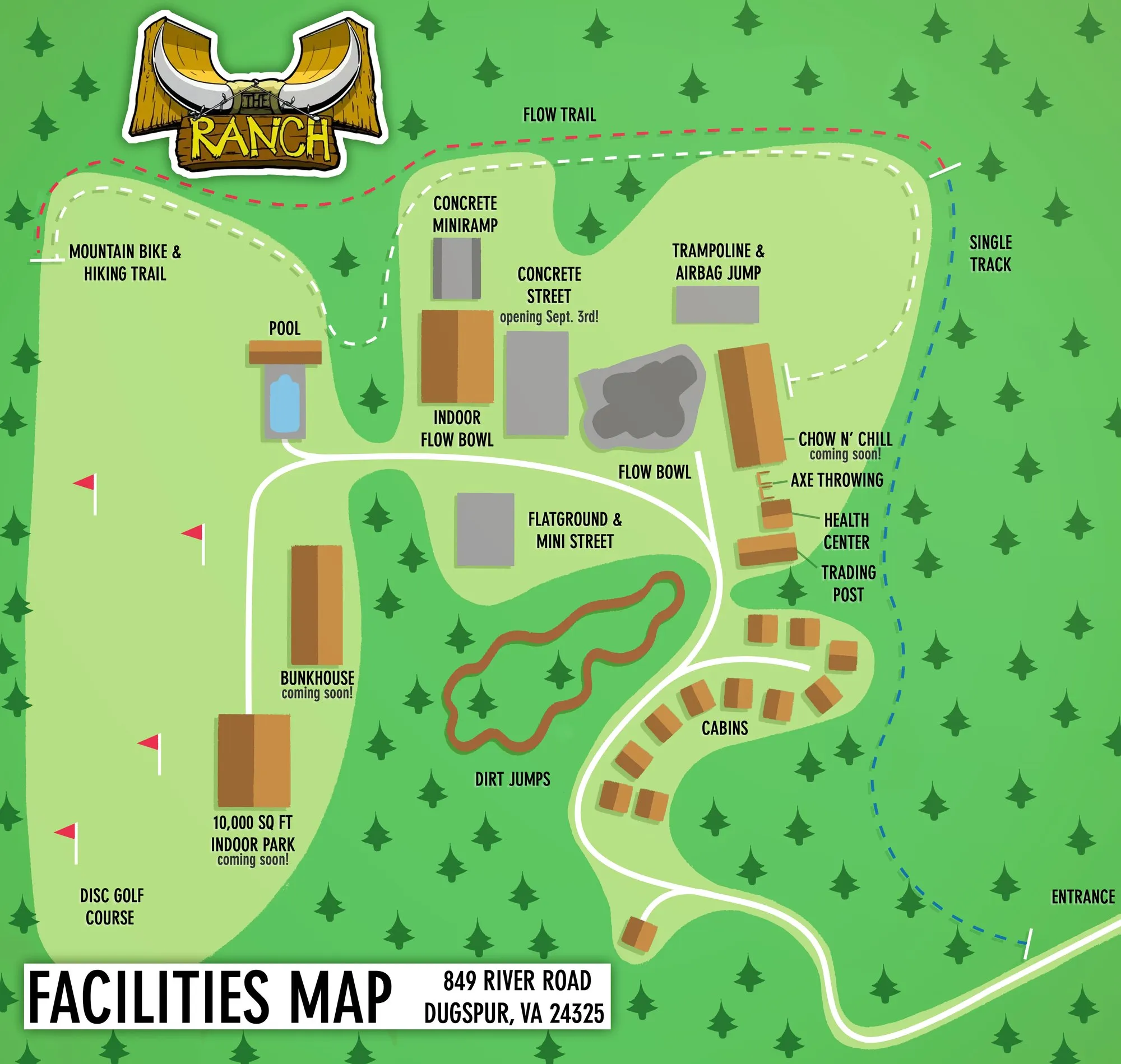 The Ranch facilities map: bowls, street, indoor park, dirt jumps, trails, pool, cabins and disc golf course